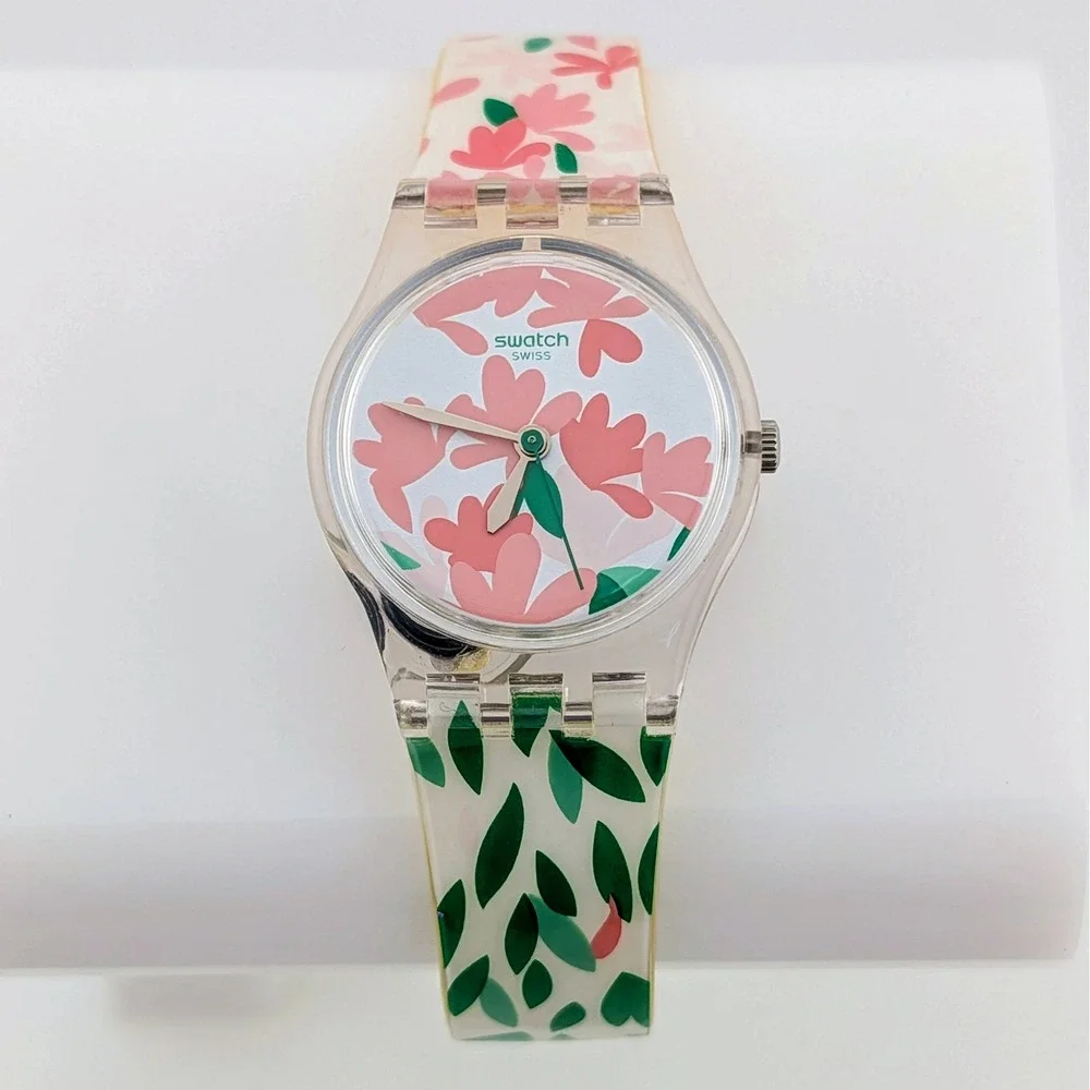 Swatch Lady Jackaranda LK355 Floral Clear Exhibition Back Swiss Quartz Watch Y2K